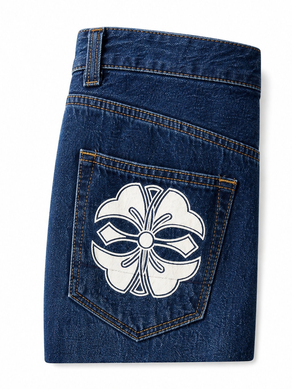 Evisu Men's Wide-Leg Jeans with Floral Appliqué – Mid-Blue Wash & Signature Branding
