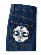 Evisu Men's Wide-Leg Jeans with Floral Appliqué – Mid-Blue Wash & Signature Branding