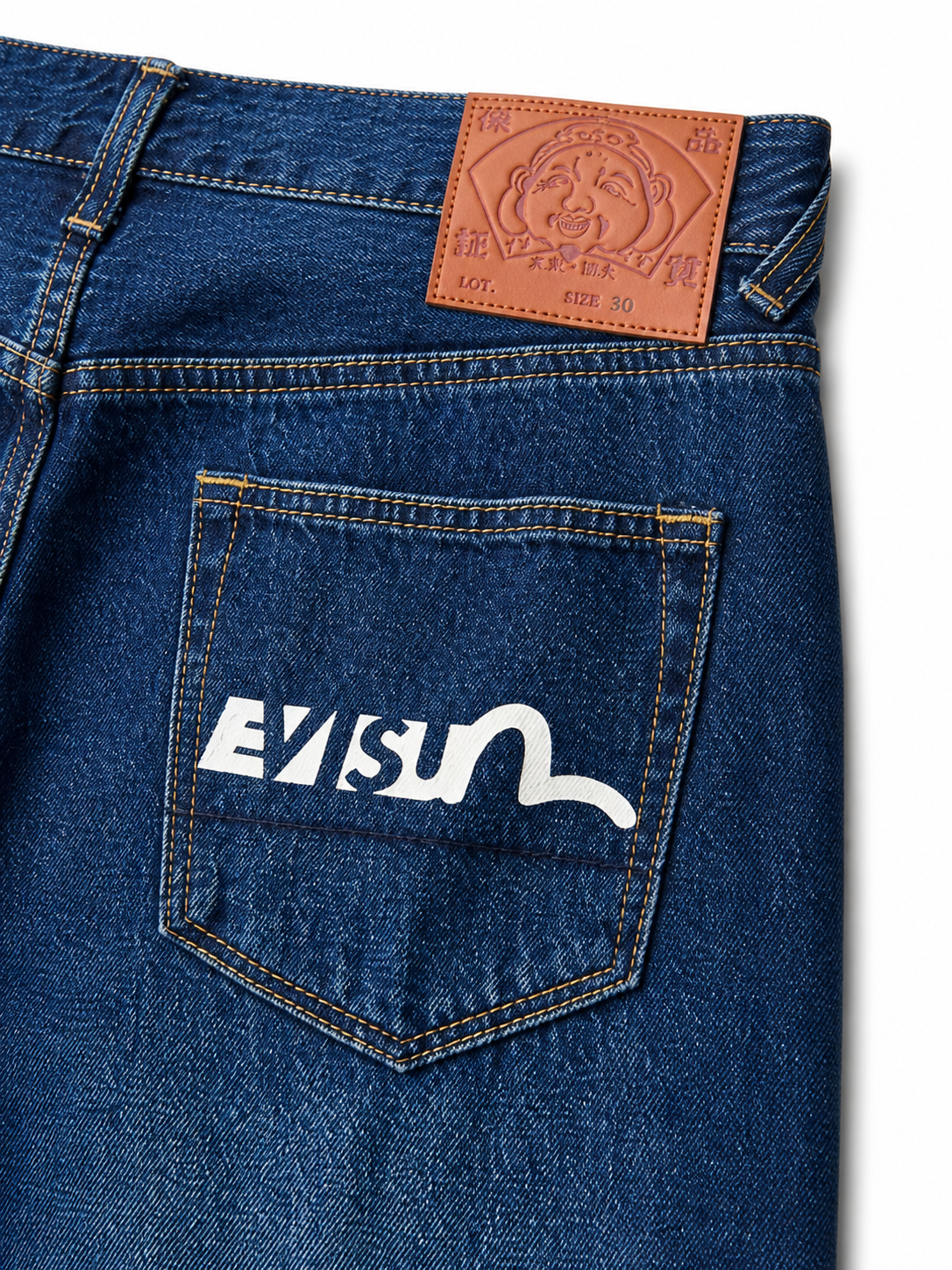 Evisu Men's Wide-Leg Jeans with Floral Appliqué – Mid-Blue Wash & Signature Branding