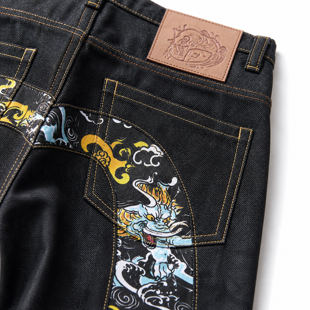 Evisu Men's Tiger Wave Big M Jeans - Raw Denim Japanese Streetwear