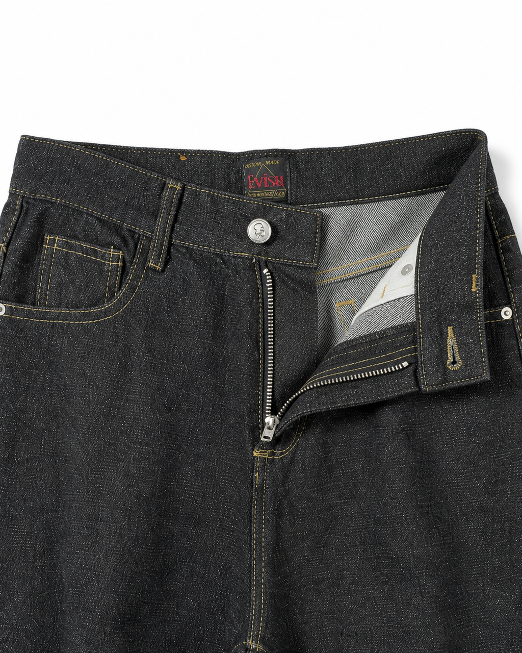 Evisu Men's 'Raku' Kanji & Contrast Panel Jeans - Raw Denim Japanese Streetwear