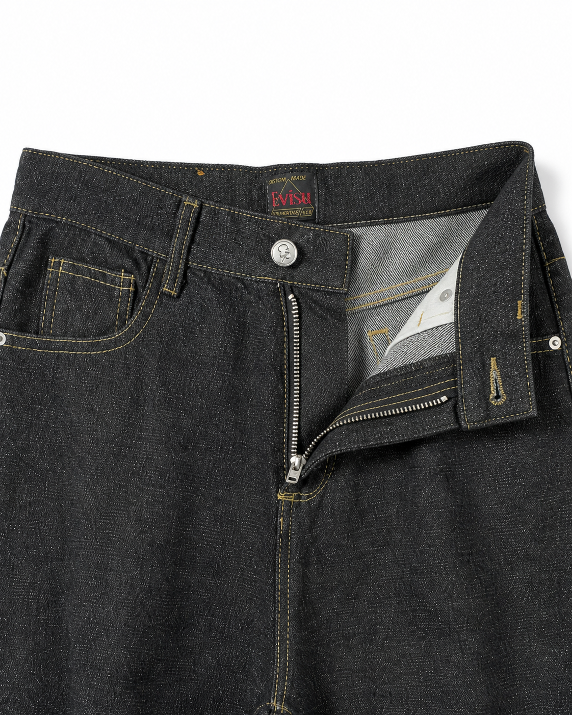 Evisu Men's 'Raku' Kanji & Contrast Panel Jeans - Raw Denim Japanese Streetwear