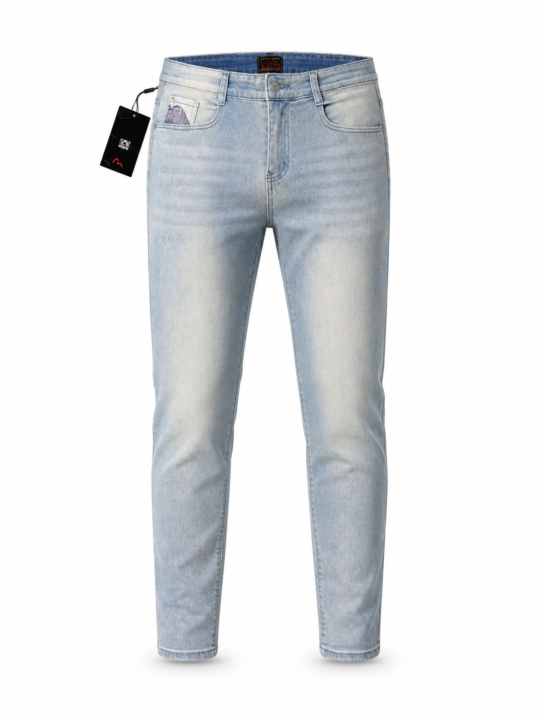 Evisu Men's Patchwork Seagull Jeans – Light Wash Slim Fit Denim