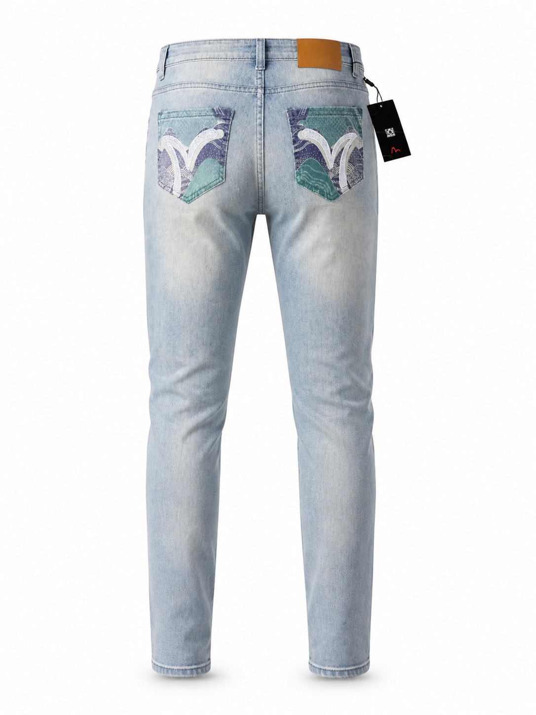 Evisu Men's Patchwork Seagull Jeans – Light Wash Slim Fit Denim