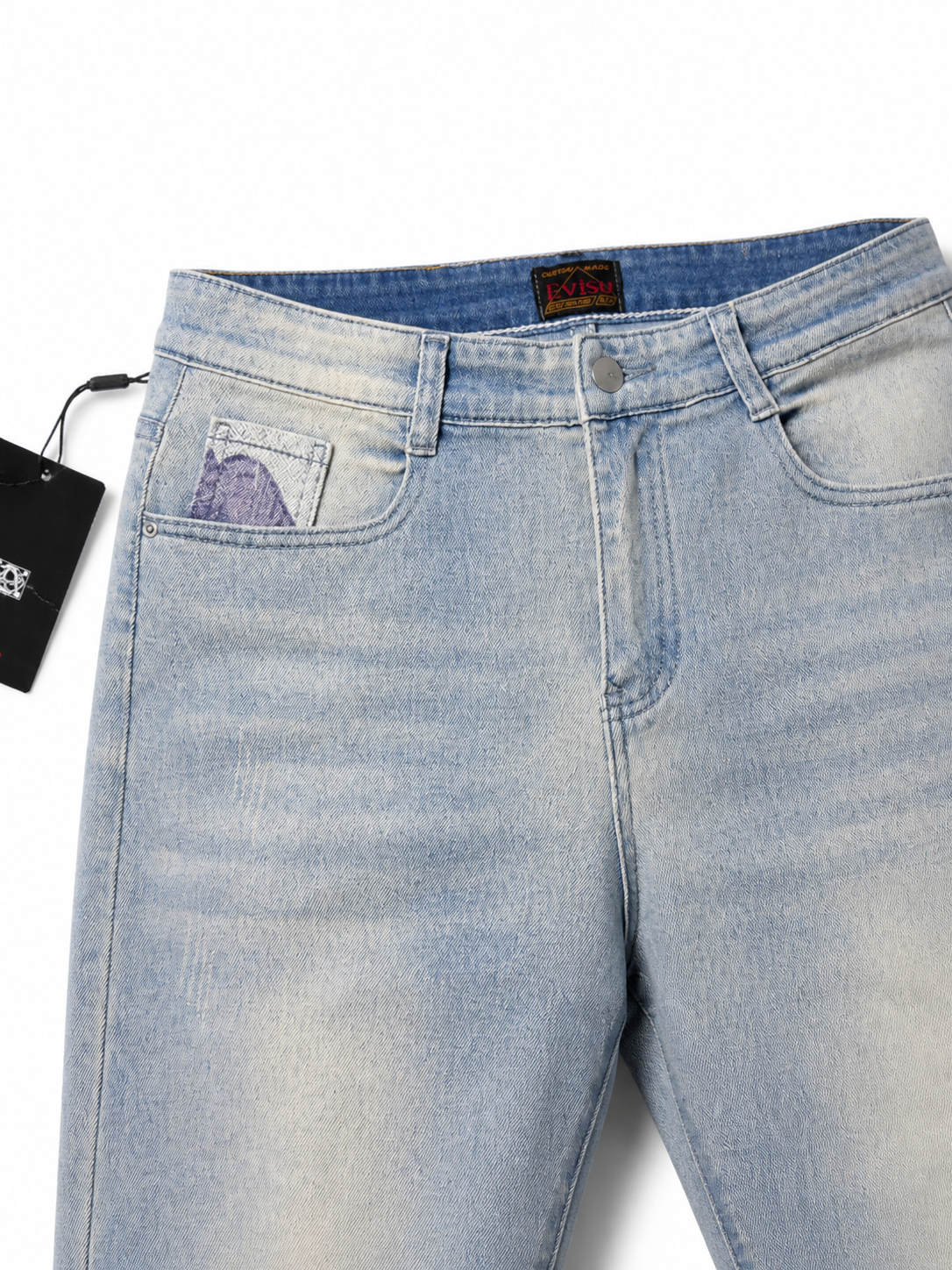 Evisu Men's Patchwork Seagull Jeans – Light Wash Slim Fit Denim