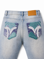 Evisu Men's Patchwork Seagull Jeans – Light Wash Slim Fit Denim