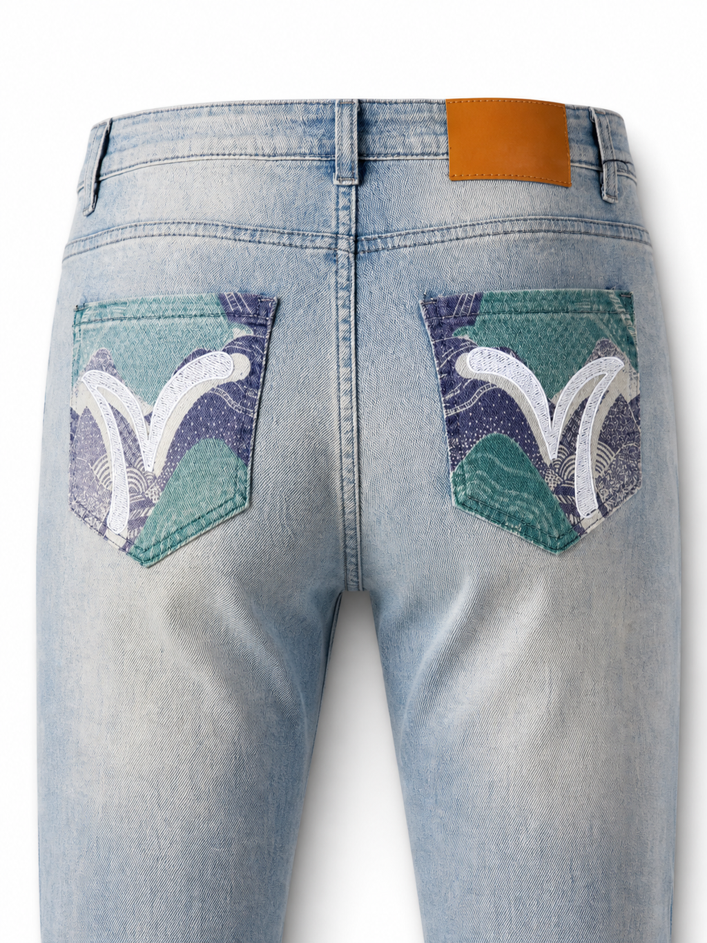 Evisu Men's Patchwork Seagull Jeans – Light Wash Slim Fit Denim
