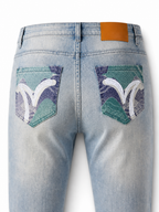 Evisu Men's Patchwork Seagull Jeans – Light Wash Slim Fit Denim