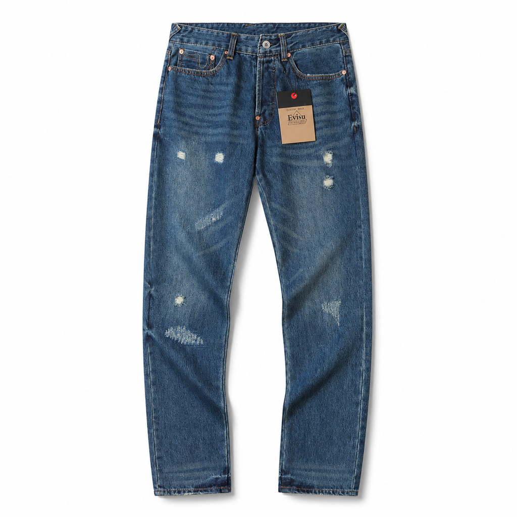 Evisu Men's Oversized Brushstroke Big M Jeans – Medium Wash Distressed Denim