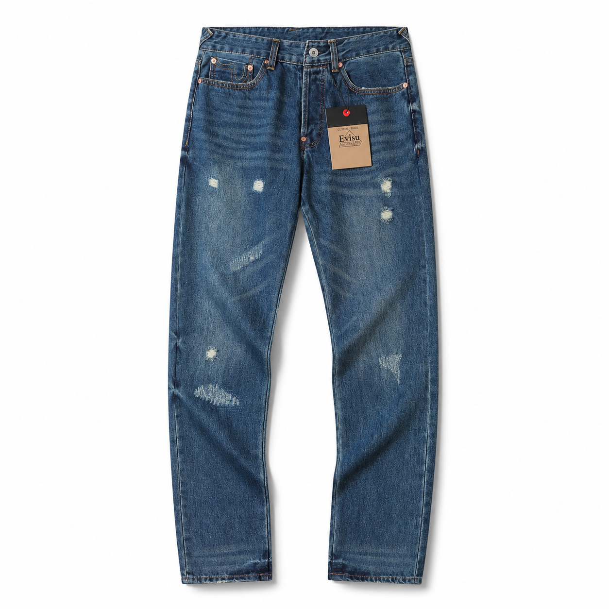 Evisu Men's Oversized Brushstroke Big M Jeans – Medium Wash Distressed Denim