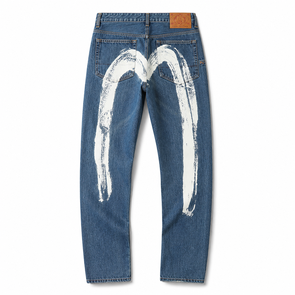 Evisu Men's Oversized Brushstroke Big M Jeans – Medium Wash Distressed Denim