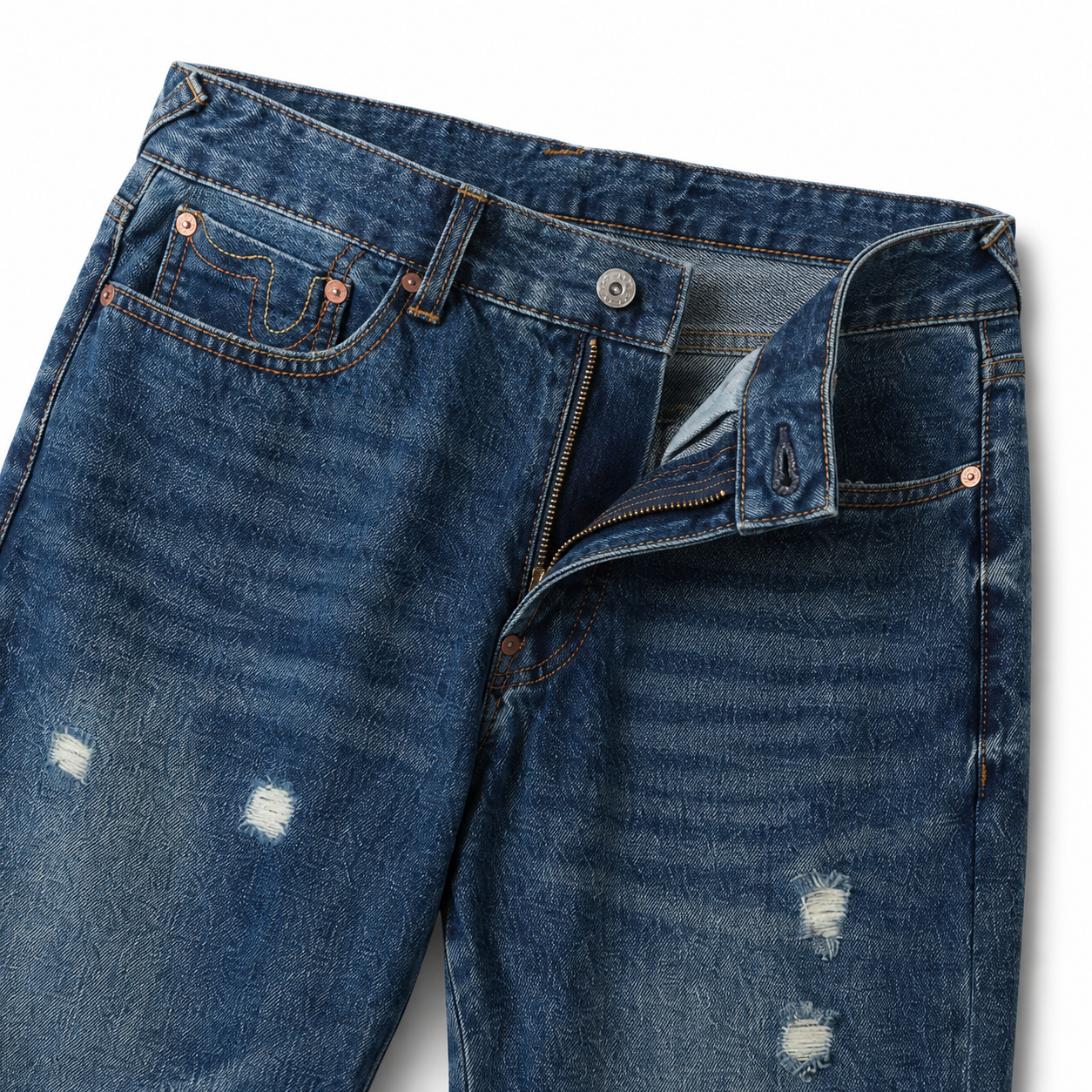 Evisu Men's Oversized Brushstroke Big M Jeans – Medium Wash Distressed Denim