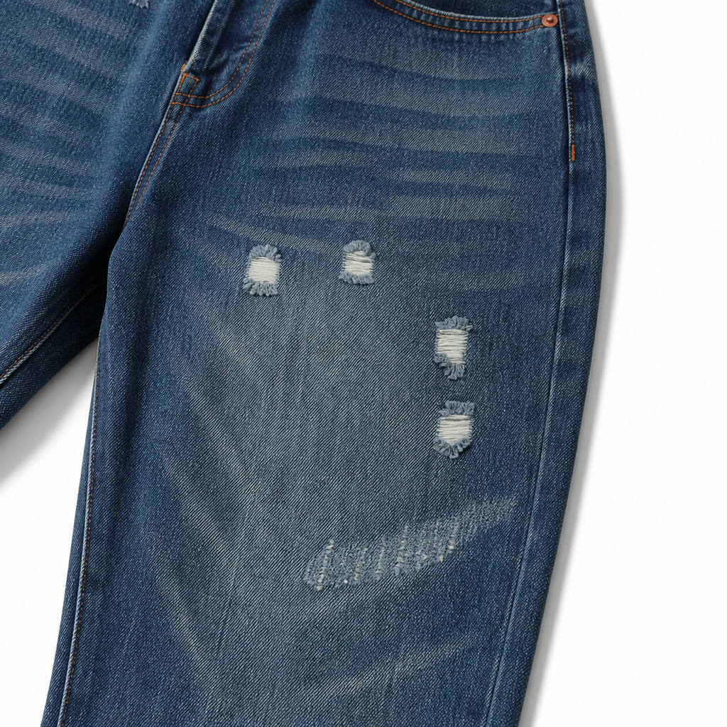 Evisu Men's Oversized Brushstroke Big M Jeans – Medium Wash Distressed Denim