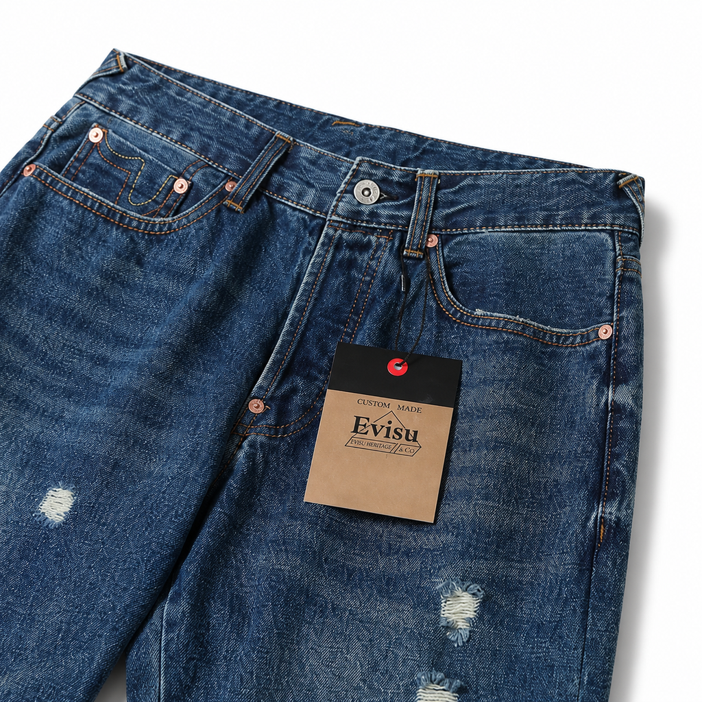 Evisu Men's Oversized Brushstroke Big M Jeans – Medium Wash Distressed Denim