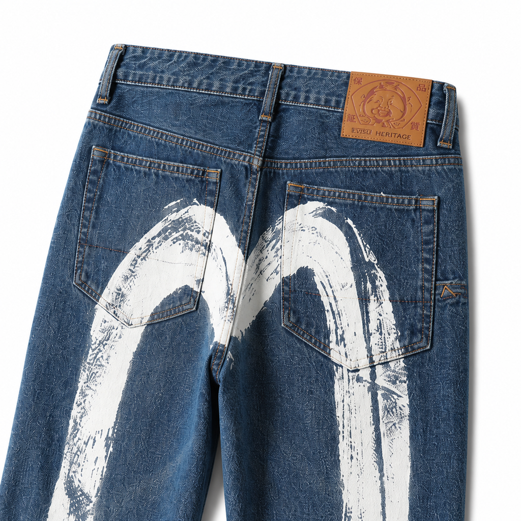 Evisu Men's Oversized Brushstroke Big M Jeans – Medium Wash Distressed Denim