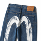 Evisu Men's Oversized Brushstroke Big M Jeans – Medium Wash Distressed Denim