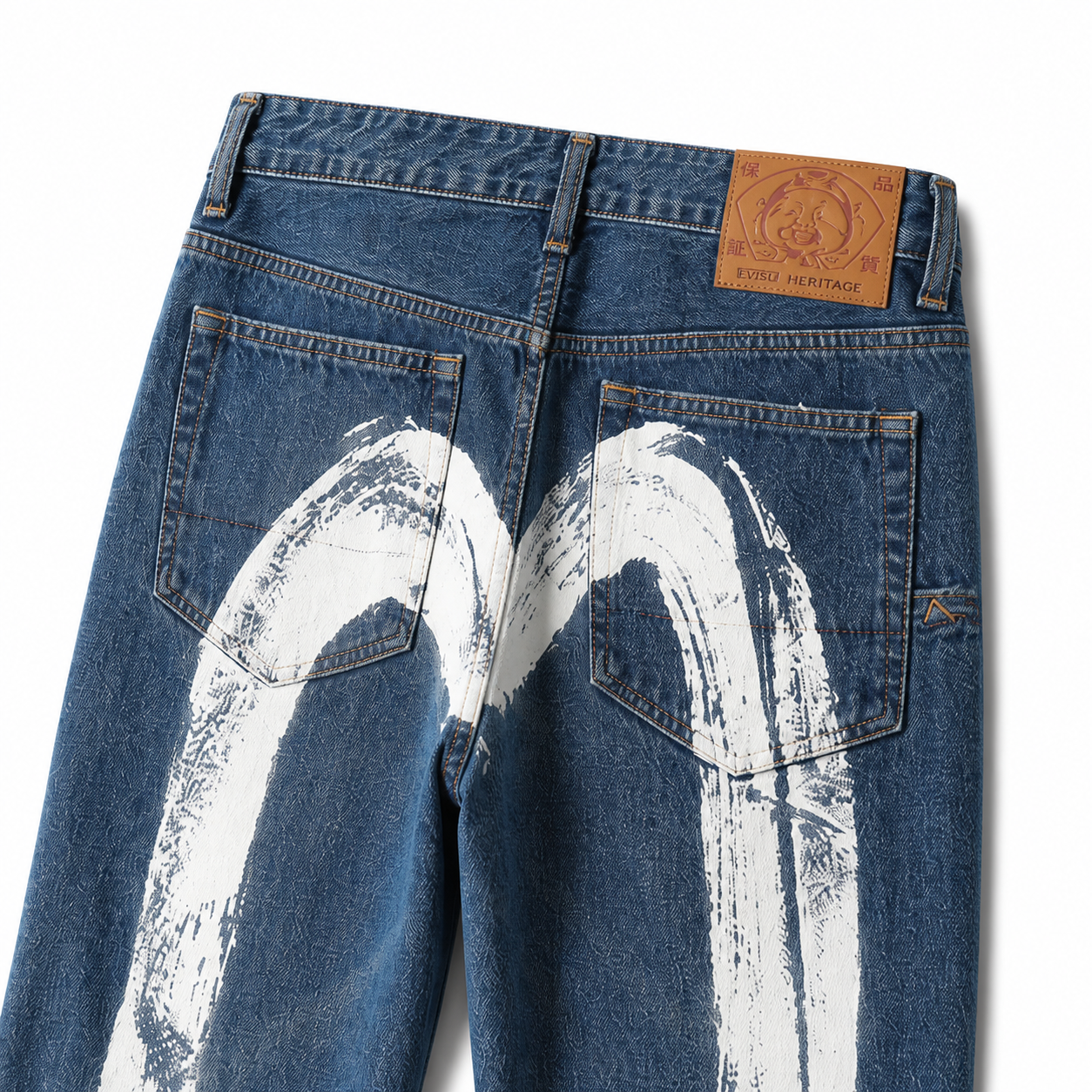 Evisu Men's Oversized Brushstroke Big M Jeans – Medium Wash Distressed Denim