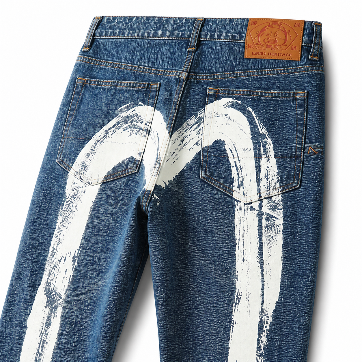 Evisu Men's Oversized Brushstroke Big M Jeans – Medium Wash Distressed Denim