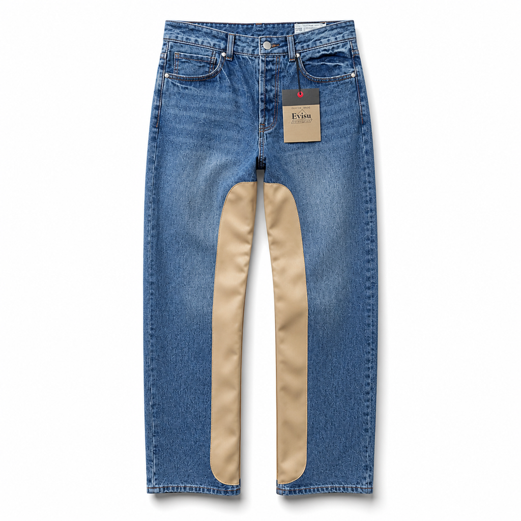 Evisu Men's "Leather Panel" Wide-Leg Jeans – Blue Wash Japanese Denim