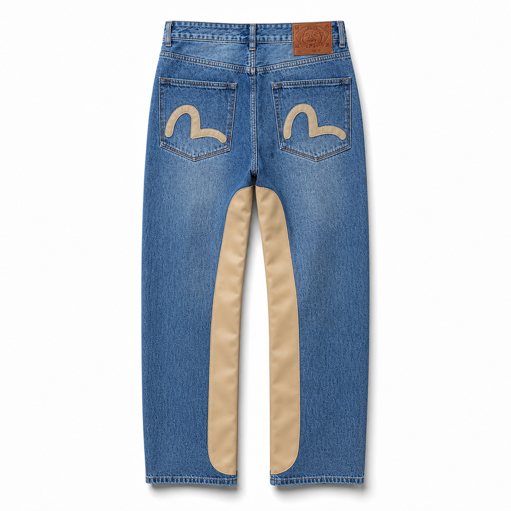 Evisu Men's "Leather Panel" Wide-Leg Jeans – Blue Wash Japanese Denim