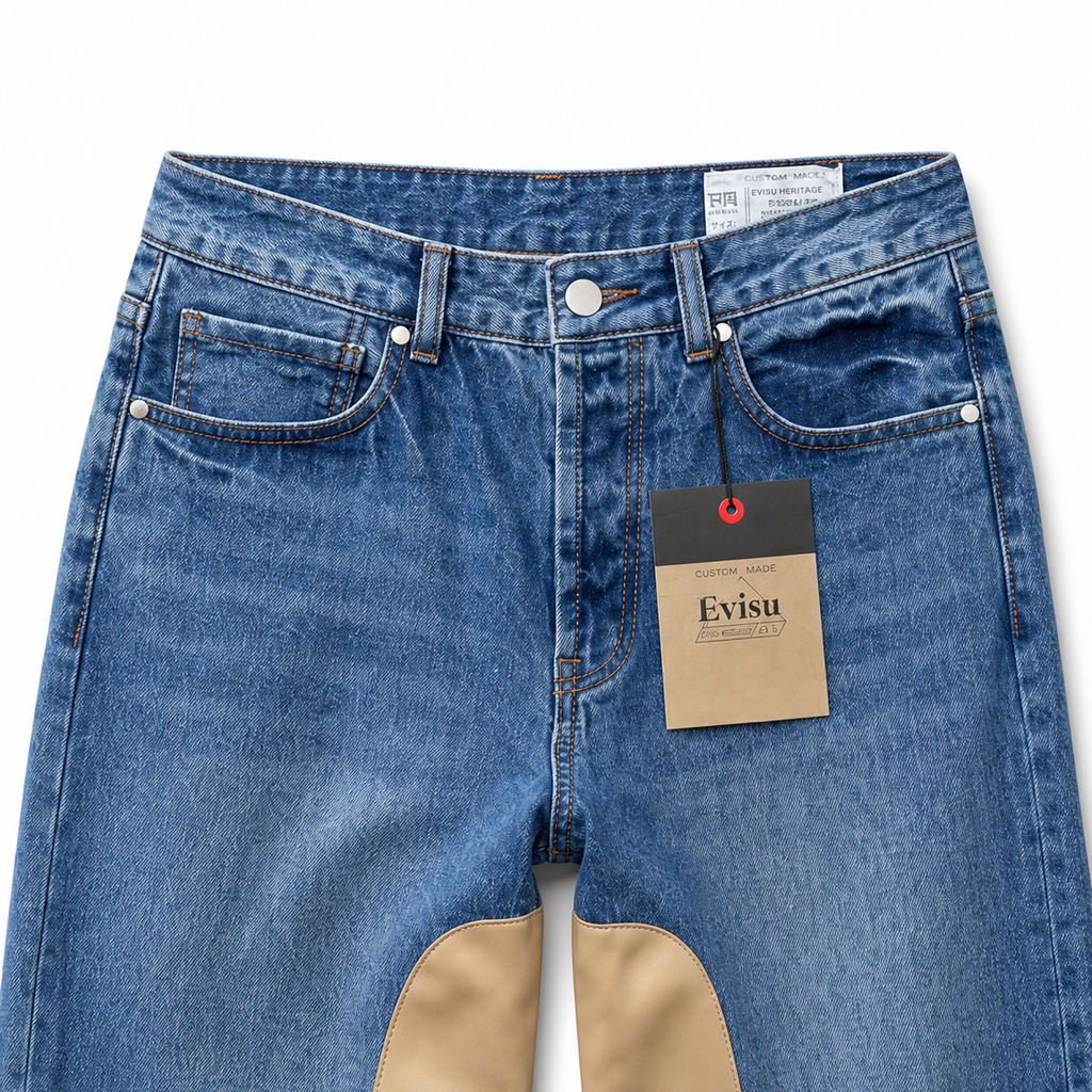 Evisu Men's "Leather Panel" Wide-Leg Jeans – Blue Wash Japanese Denim
