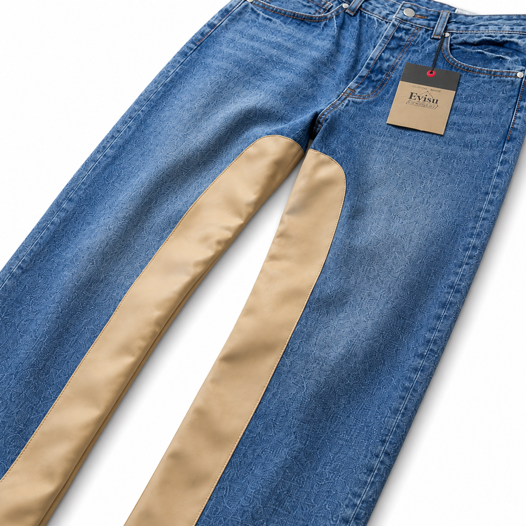 Evisu Men's "Leather Panel" Wide-Leg Jeans – Blue Wash Japanese Denim