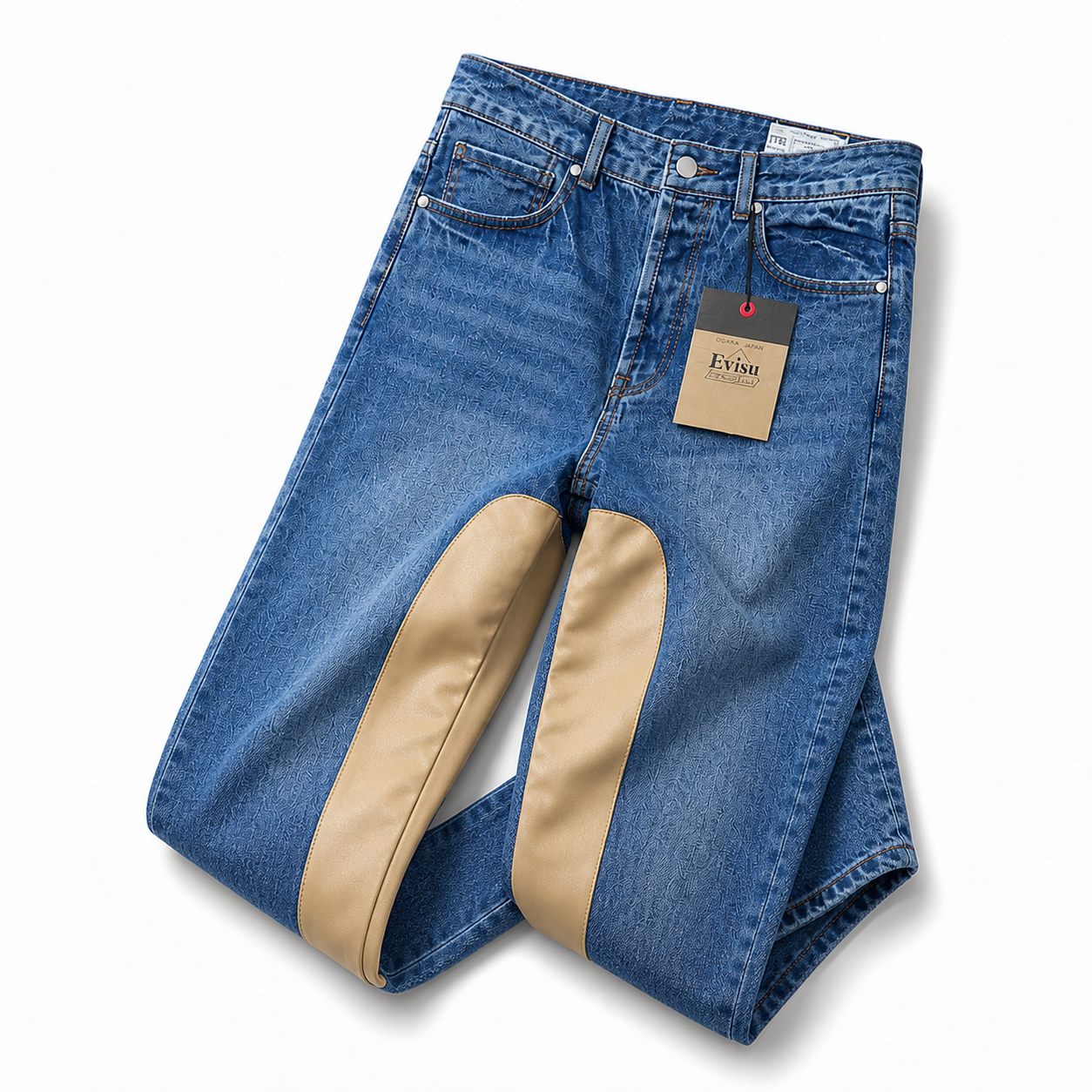 Evisu Men's "Leather Panel" Wide-Leg Jeans – Blue Wash Japanese Denim
