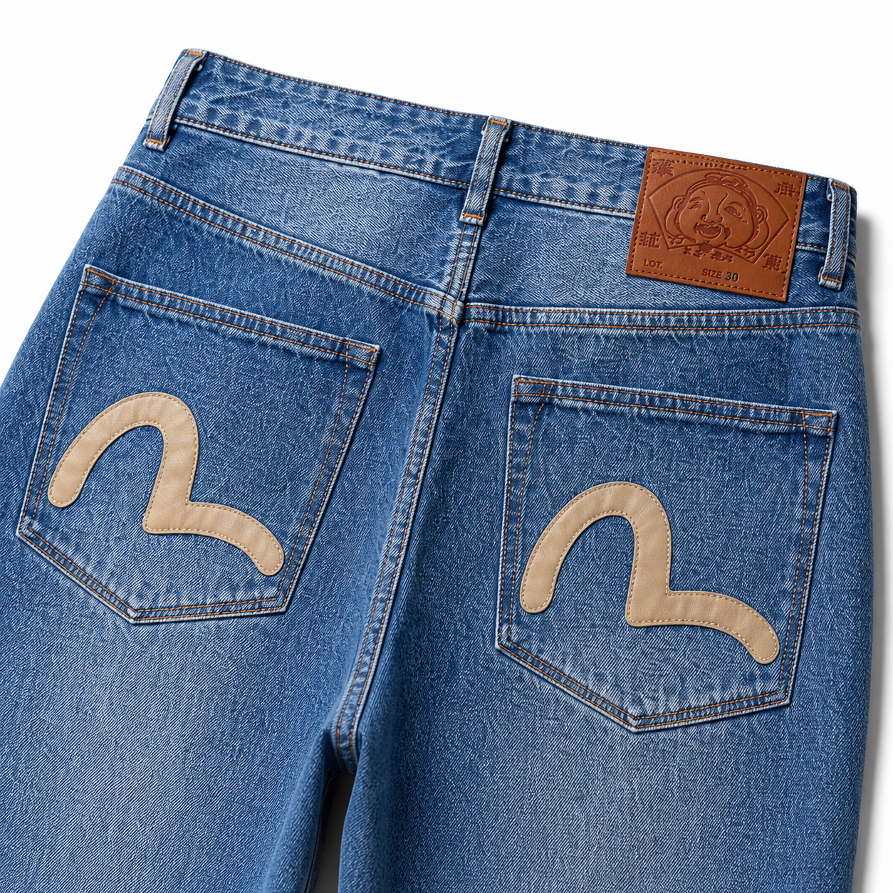 Evisu Men's "Leather Panel" Wide-Leg Jeans – Blue Wash Japanese Denim