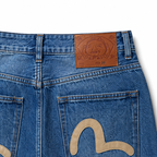 Evisu Men's "Leather Panel" Wide-Leg Jeans – Blue Wash Japanese Denim
