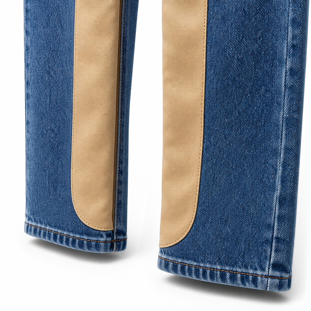 Evisu Men's "Leather Panel" Wide-Leg Jeans – Blue Wash Japanese Denim