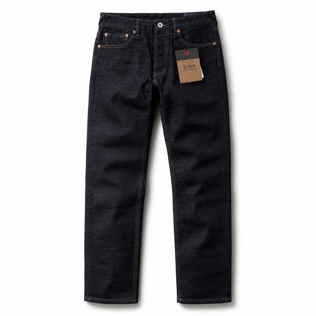 Evisu Men's Classic "Small M" Seagull Logo Raw Denim Jeans – Dark Wash Japanese Streetwear