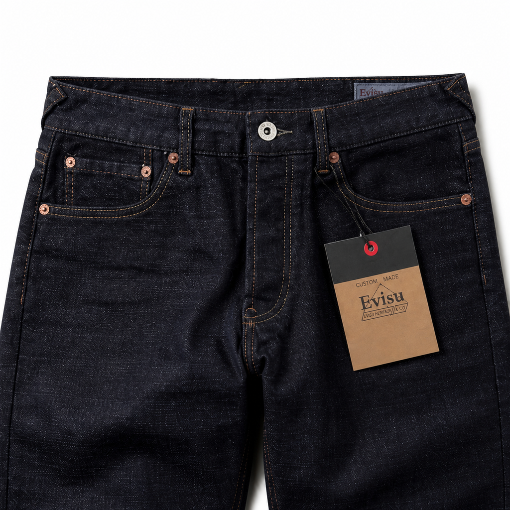 Evisu Men's Classic "Small M" Seagull Logo Raw Denim Jeans – Dark Wash Japanese Streetwear