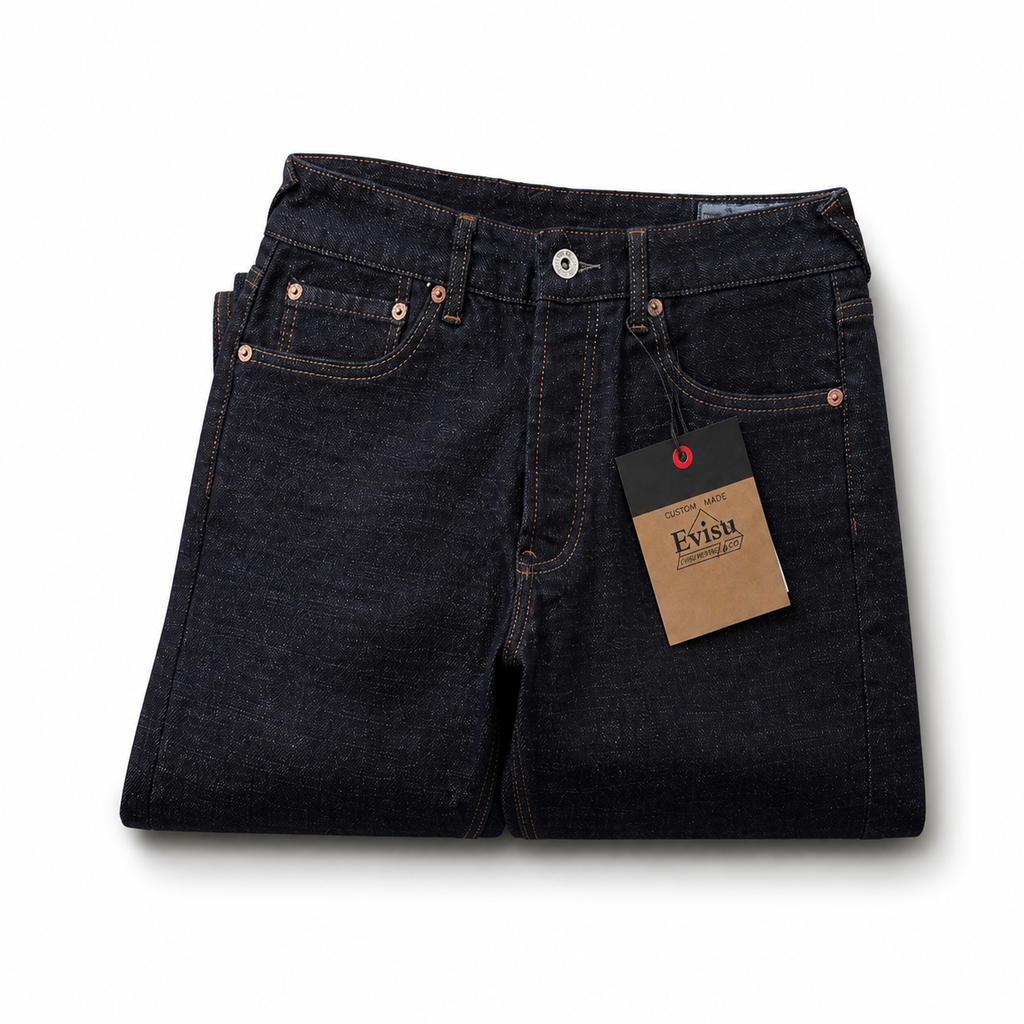 Evisu Men's Classic "Small M" Seagull Logo Raw Denim Jeans – Dark Wash Japanese Streetwear