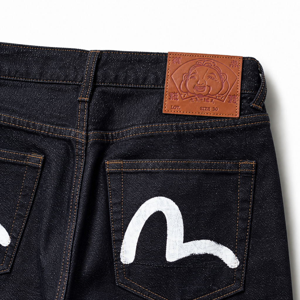 Evisu Men's Classic "Small M" Seagull Logo Raw Denim Jeans – Dark Wash Japanese Streetwear