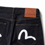 Evisu Men's Classic "Small M" Seagull Logo Raw Denim Jeans – Dark Wash Japanese Streetwear
