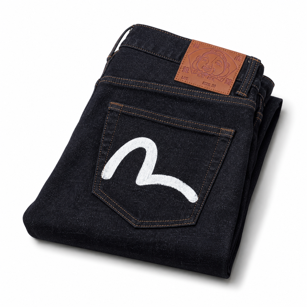 Evisu Men's Classic "Small M" Seagull Logo Raw Denim Jeans – Dark Wash Japanese Streetwear
