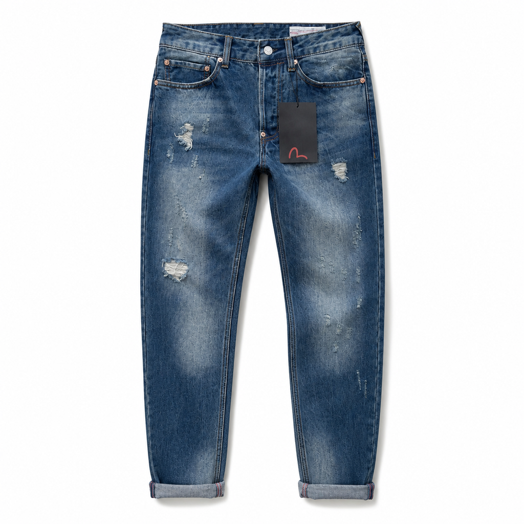 Evisu Men's "Small M" Seagull Logo Distressed Jeans – Vintage Wash Japanese Denim