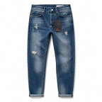 Evisu Men's "Small M" Seagull Logo Distressed Jeans – Vintage Wash Japanese Denim