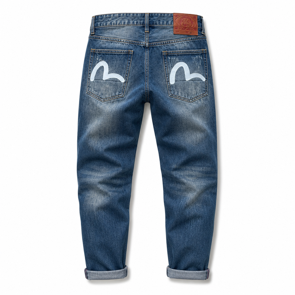 Evisu Men's "Small M" Seagull Logo Distressed Jeans – Vintage Wash Japanese Denim