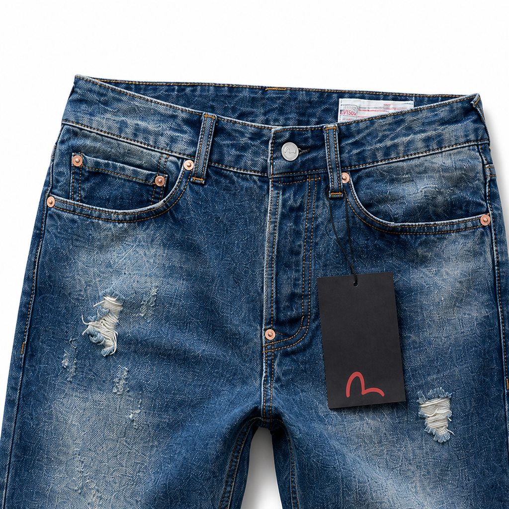 Evisu Men's "Small M" Seagull Logo Distressed Jeans – Vintage Wash Japanese Denim