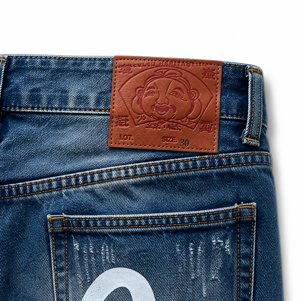 Evisu Men's "Small M" Seagull Logo Distressed Jeans – Vintage Wash Japanese Denim