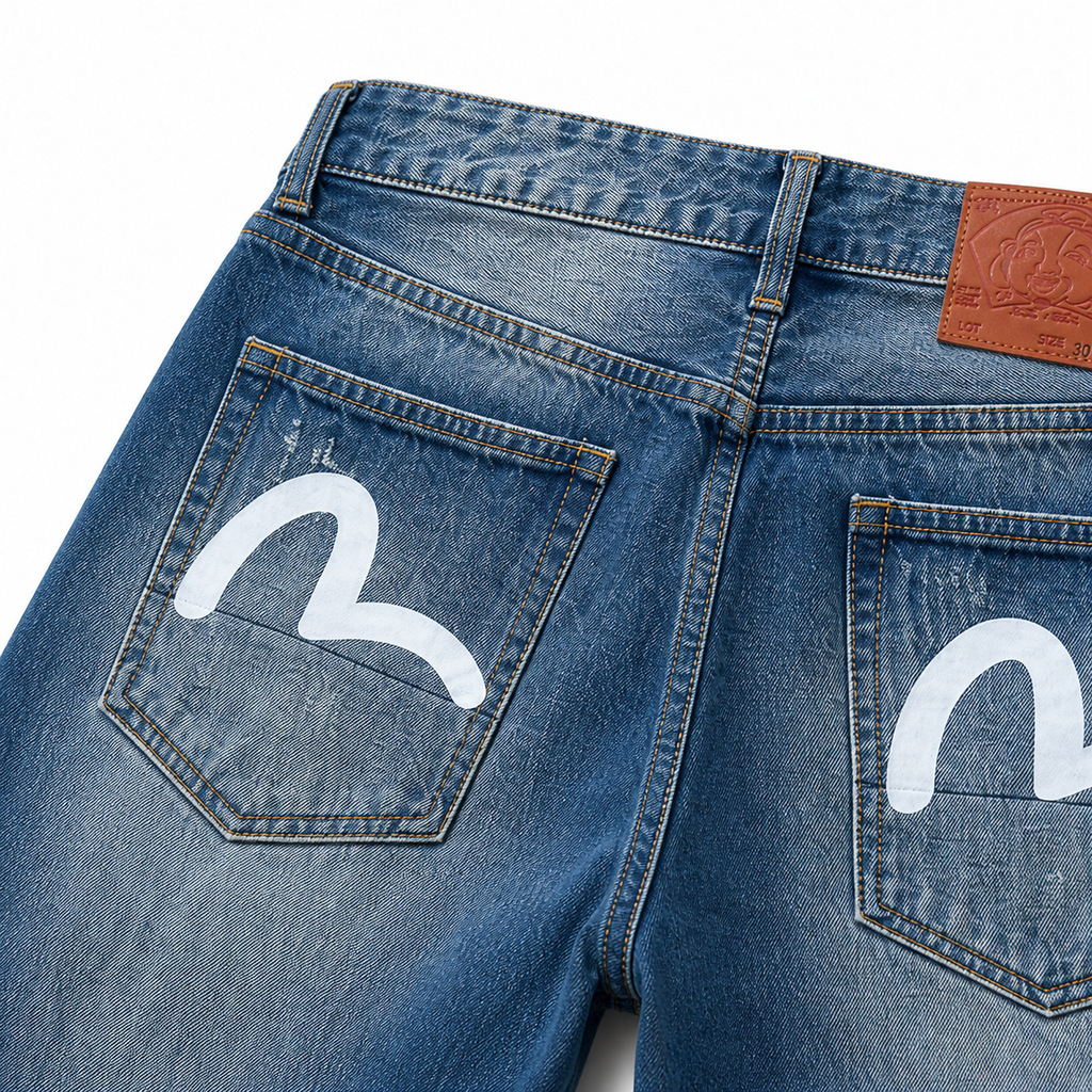Evisu Men's "Small M" Seagull Logo Distressed Jeans – Vintage Wash Japanese Denim