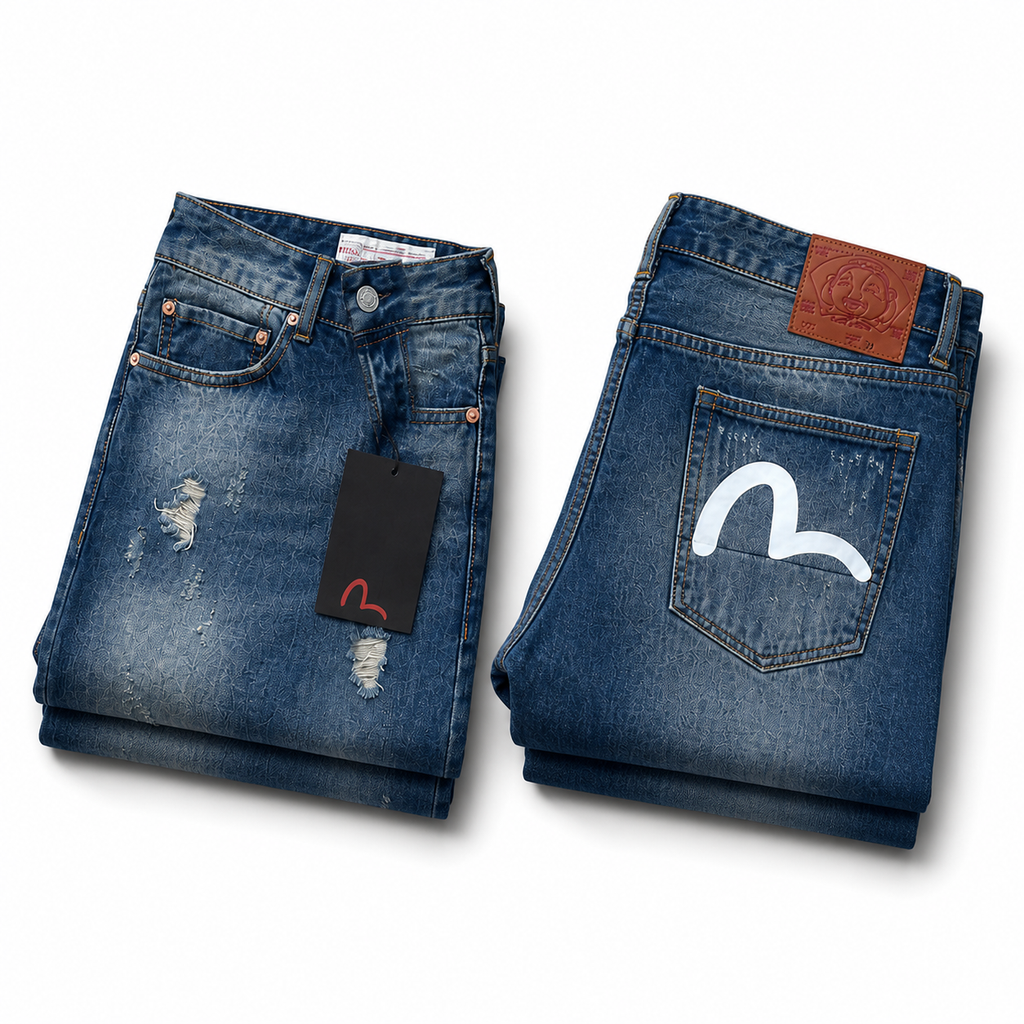 Evisu Men's "Small M" Seagull Logo Distressed Jeans – Vintage Wash Japanese Denim