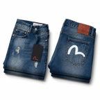 Evisu Men's "Small M" Seagull Logo Distressed Jeans – Vintage Wash Japanese Denim