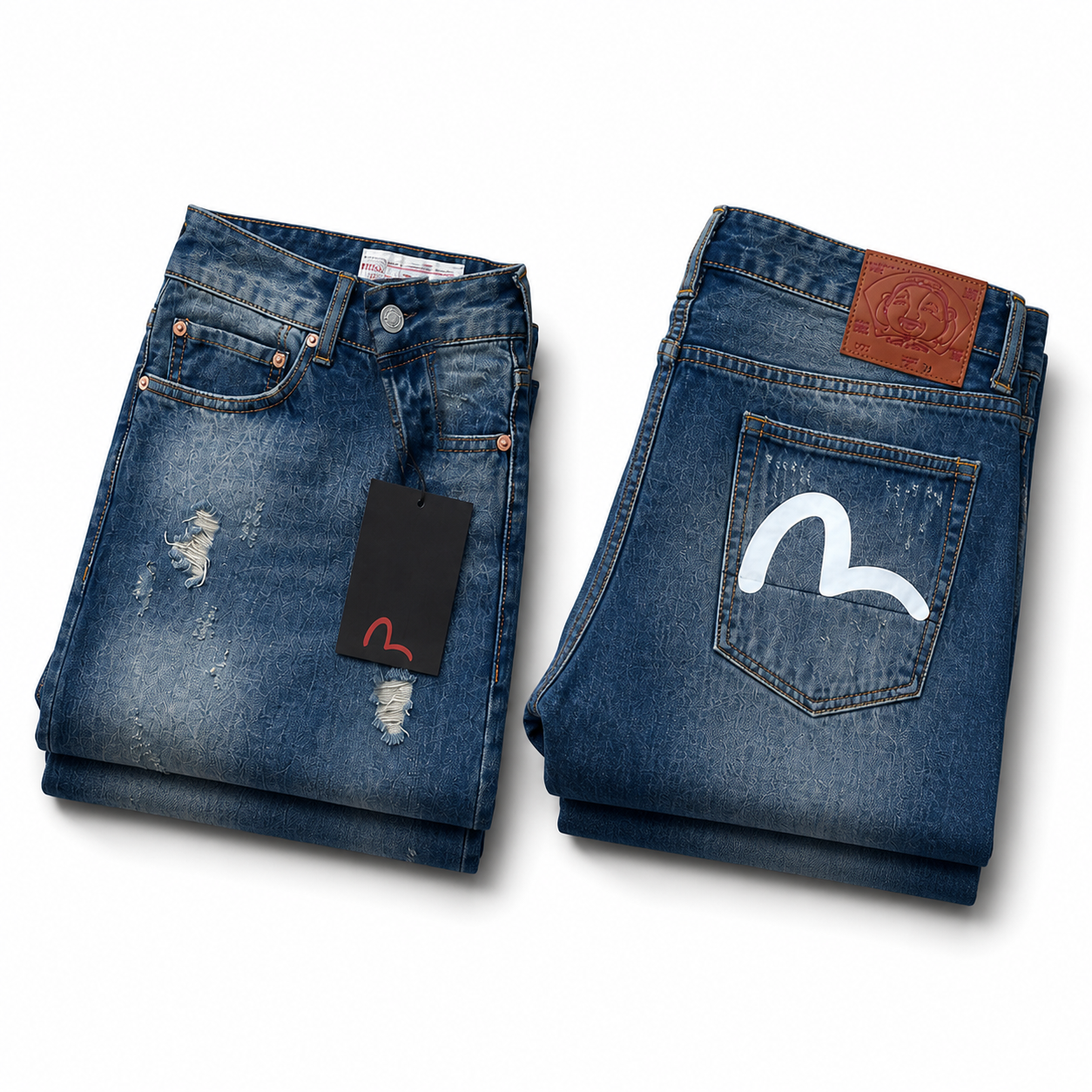 Evisu Men's "Small M" Seagull Logo Distressed Jeans – Vintage Wash Japanese Denim