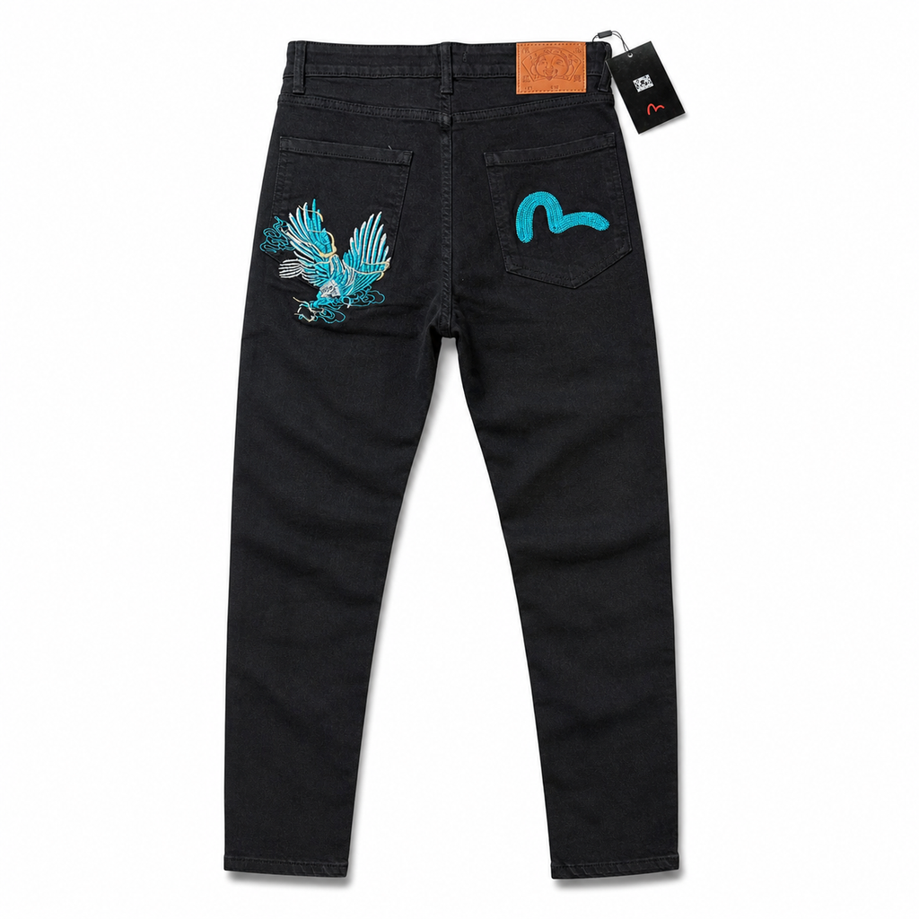 Evisu Men's "Eagle & Seagull" Embroidered Jeans – Black Japanese Streetwear Denim