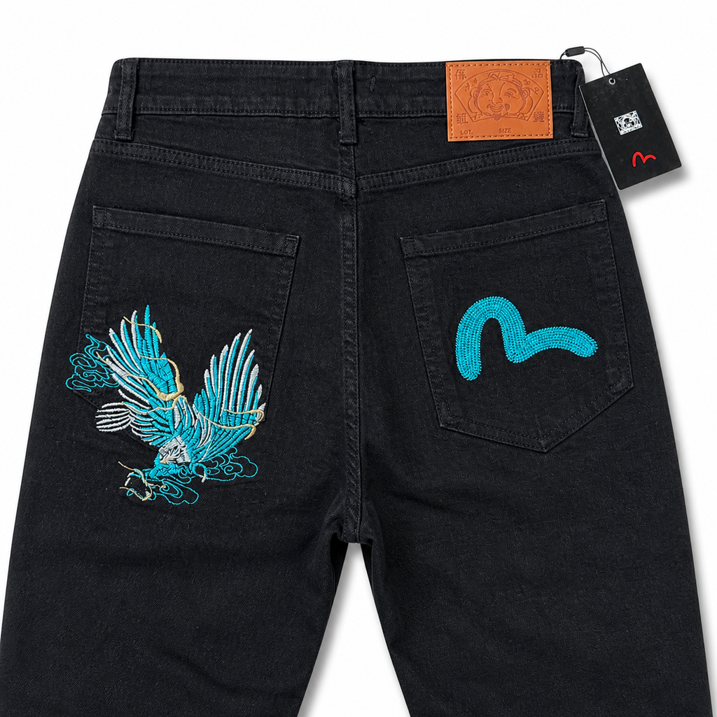Evisu Men's "Eagle & Seagull" Embroidered Jeans – Black Japanese Streetwear Denim