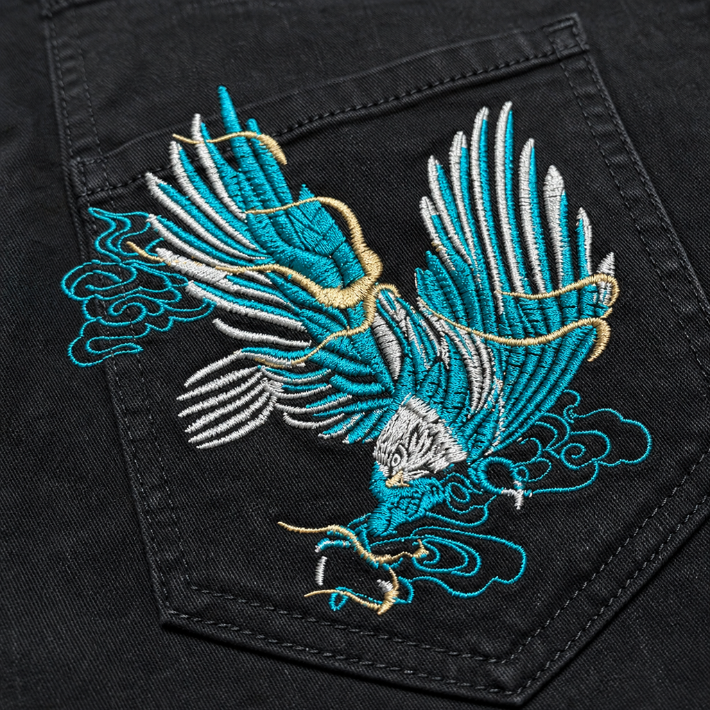 Evisu Men's "Eagle & Seagull" Embroidered Jeans – Black Japanese Streetwear Denim