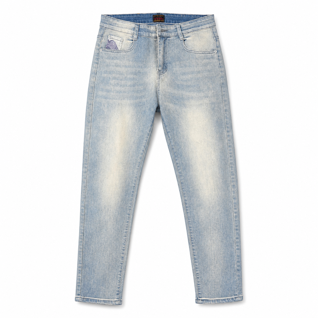 Evisu Men's "Ocean Wave" Patchwork Seagull Jeans – Light Wash Japanese Denim