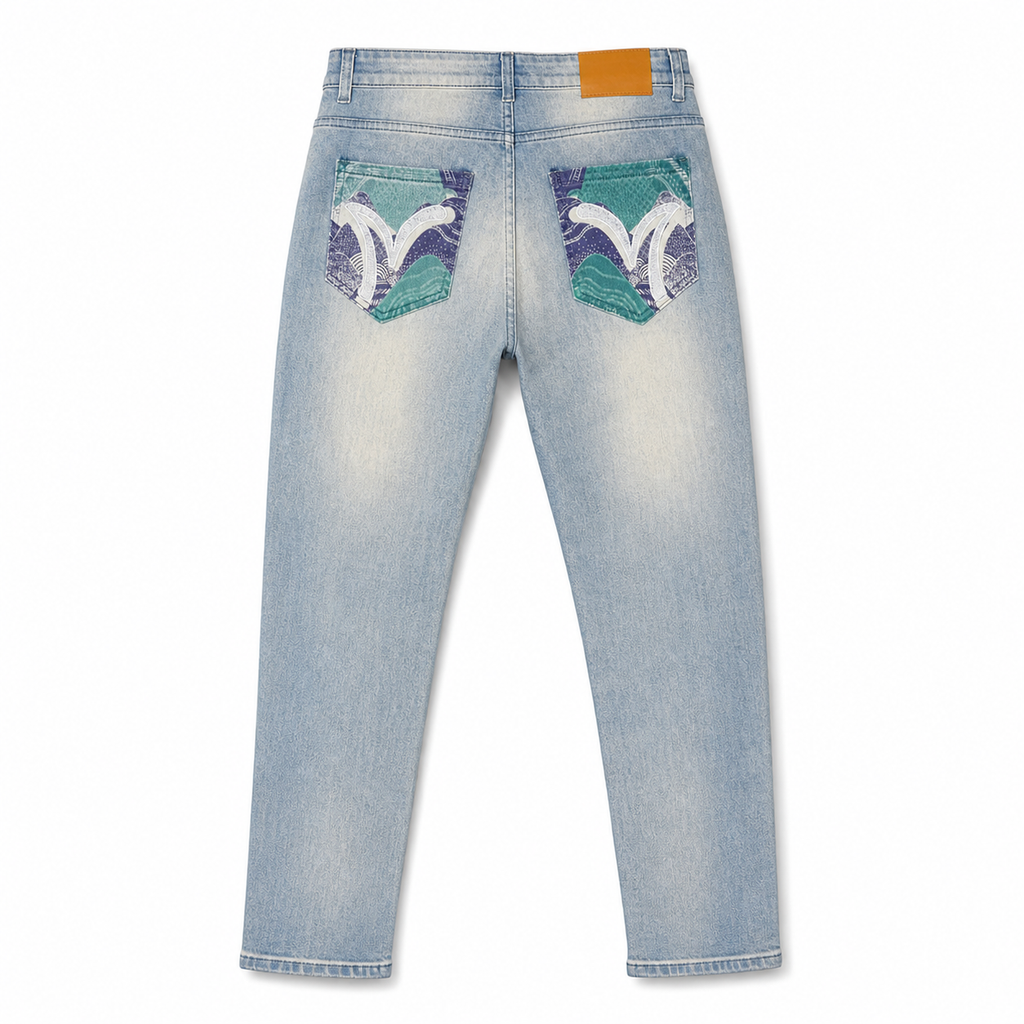 Evisu Men's "Ocean Wave" Patchwork Seagull Jeans – Light Wash Japanese Denim